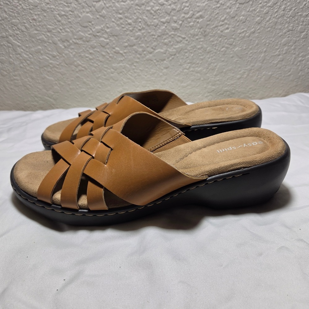 Easy Spirit Sedakota Tan Leather Woven Slide Wedge Sandals 9.5W